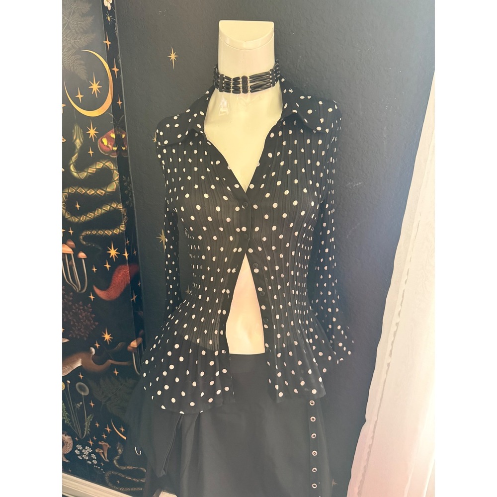 Sunny Leigh Black White Polka Dot Plisse Pleated Bell Sleeve Blouse XL
